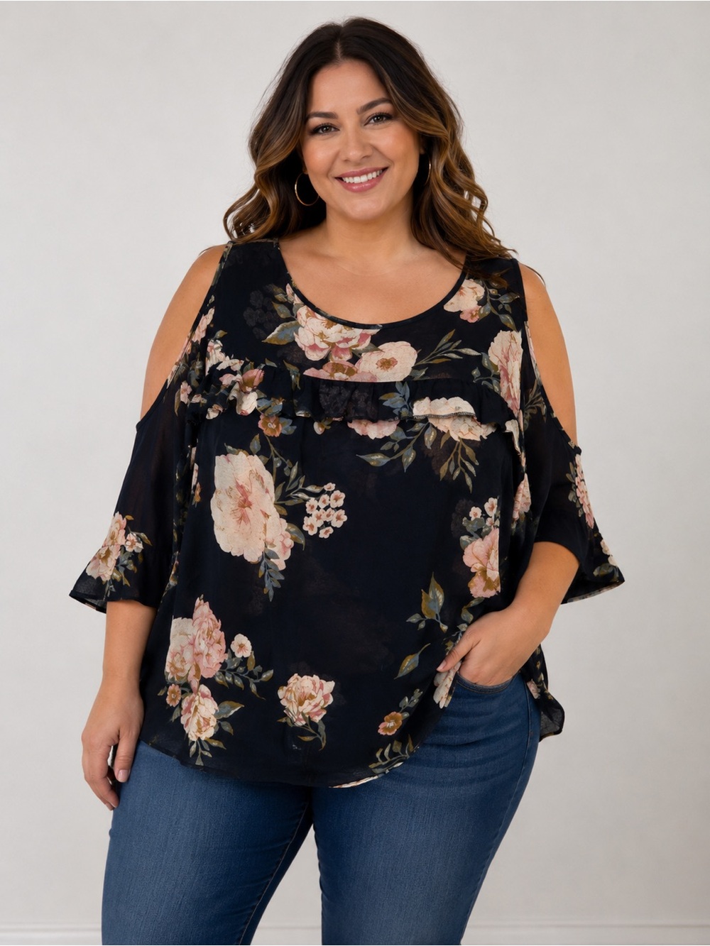 George Plus 3X Navy Floral Cold Shoulder Blouse | 100% Rayon